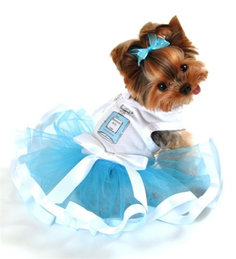 Vestido de princesa azul claro y blanco con volante amplio