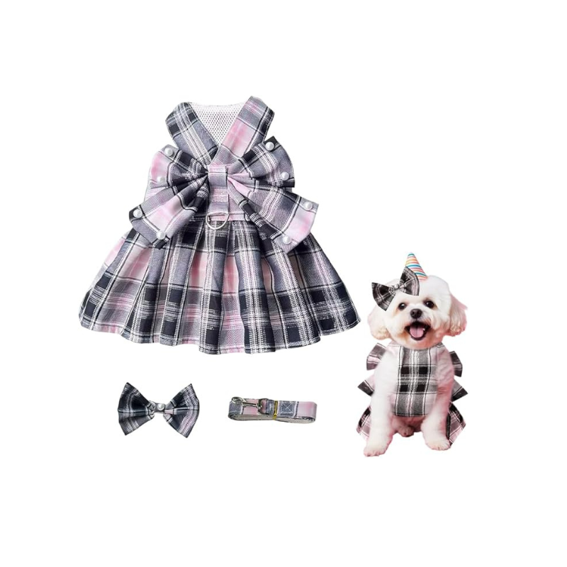 Vestido a cuadros rosa, gris oscuro y morado con lazo y cinturón incluidos