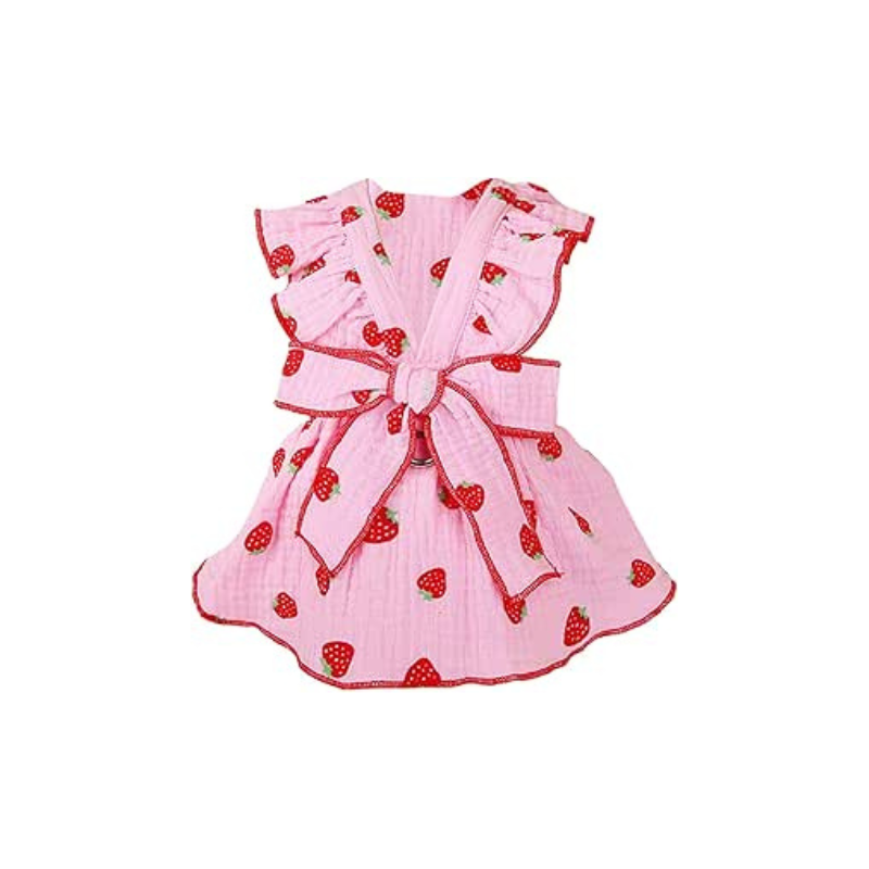 Vestido rosa con fresas y un lazo en la espalda del mismo color
