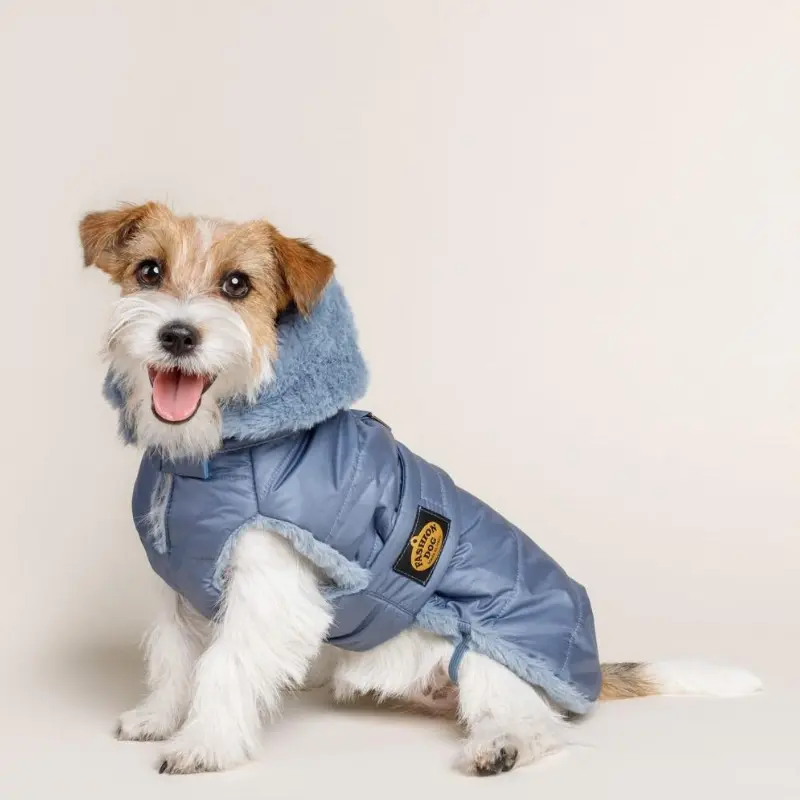 Chaqueta azul para perro con plumas