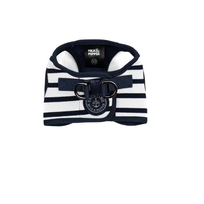 Arnés a rayas azul y blanco de tacto suave