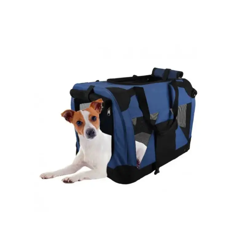 Transportin azul plegable con detalles de color negro